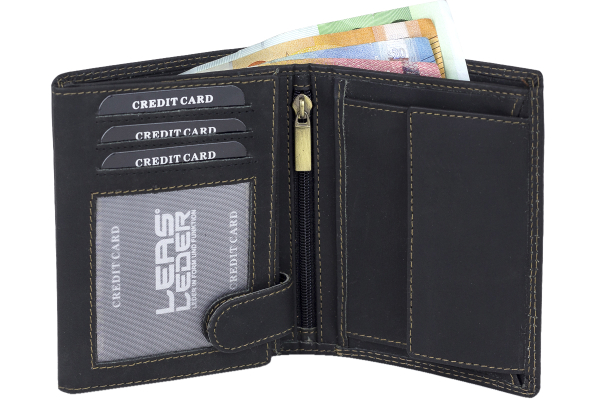 RFID Herren Geldbörse im Hochformat mit NFC Schutzfolie gegen Datendiebstahl LEAS MCL im Vintage-Stil in Echt-Leder, schwarz (LxB 12x10cm)